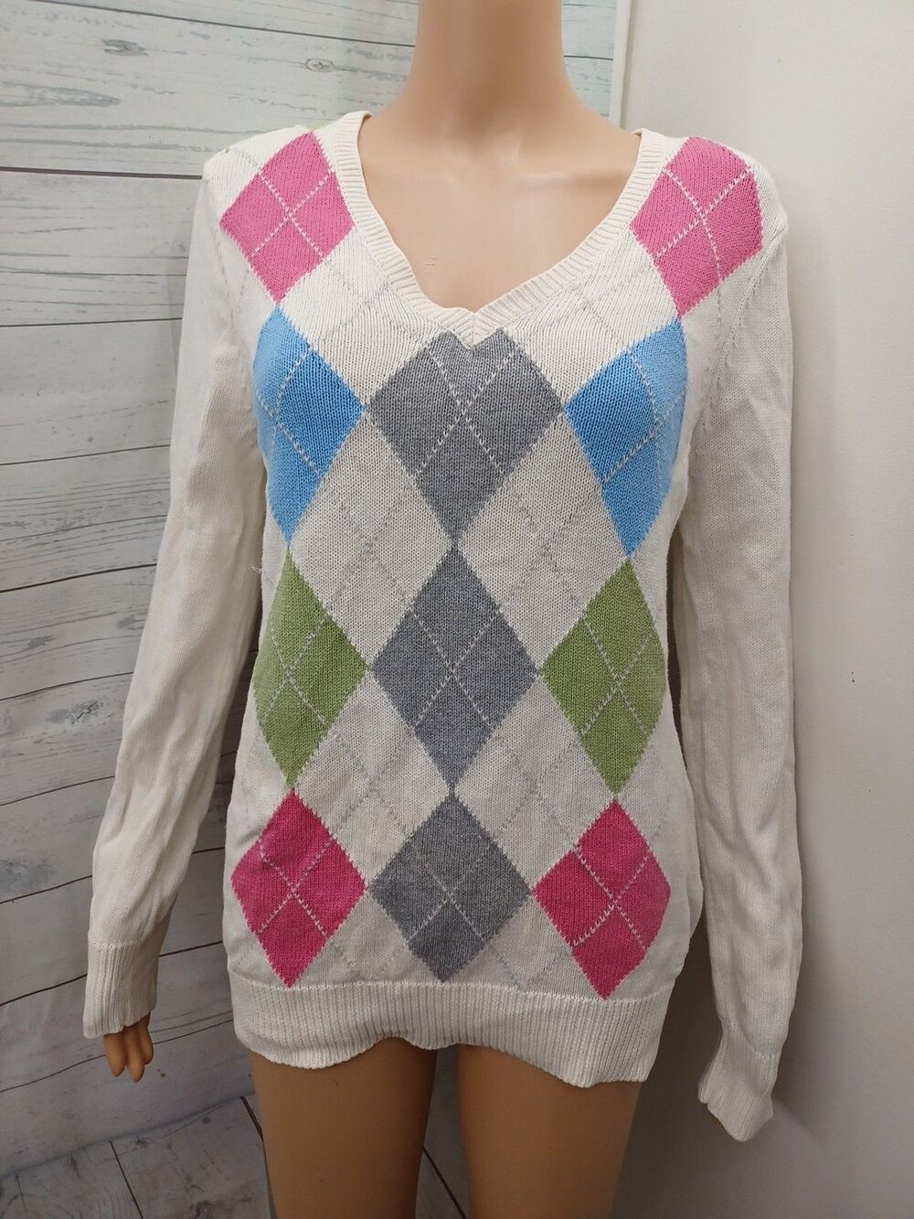 Vtg Izod Golf Womens Argyle Diamonds V-Neck Blue & Ivory Sweater Sz M